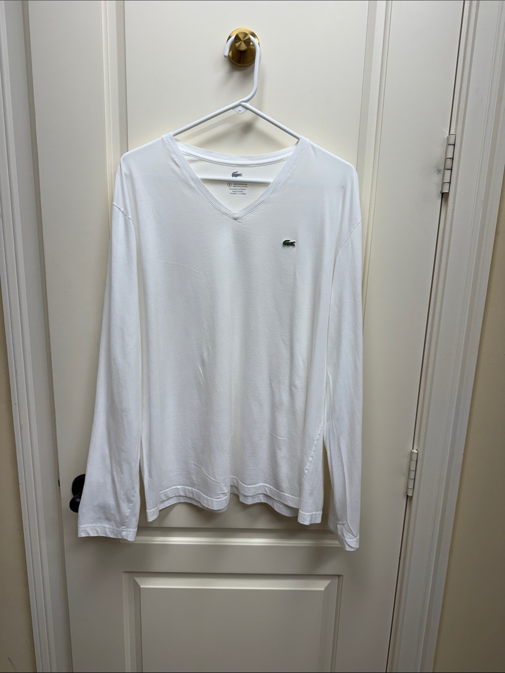 Lacoste White V‑Neck Long Sleeve Shirt with Green Logo